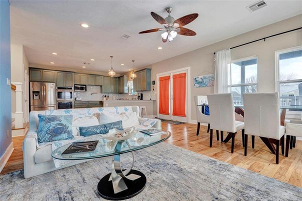 Dining room, Interior, Kitchen, Living room, Pendant Lights, Recessed Lighting, Stainless Steel Appliances, Wood Texture Flooring
