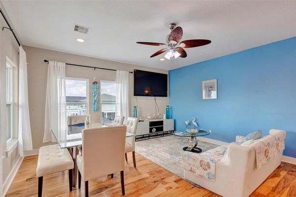 Dining room, Interior, Living room, Recessed Lighting, Wood Texture Flooring