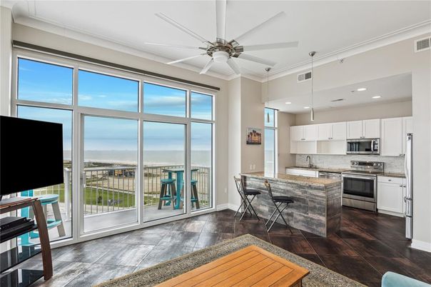 Interior, Kitchen, Pendant Lights, Recessed Lighting, Stainless Steel Appliances, Water, Wood Texture Flooring