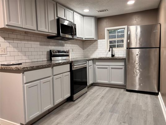 Interior, Kitchen, Recessed Lighting, Stainless Steel Appliances, Wood Texture Flooring