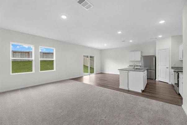 Empty room, Interior, Kitchen, Recessed Lighting, Wood Texture Flooring