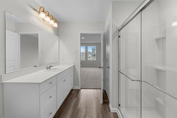 Bathroom, Dual Sink Vanities, Glass Shower, Interior, Walk-in Closets, Wood Texture Flooring