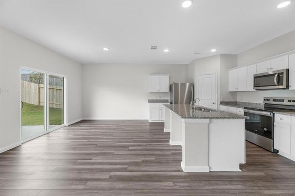 Interior, Kitchen, Recessed Lighting, Stainless Steel Appliances, Wood Texture Flooring