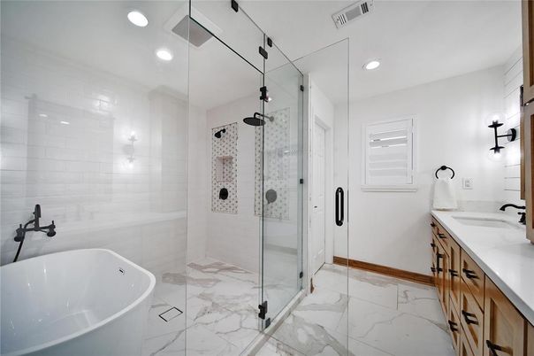 Bathroom, Dual Sink Vanities, Free Standing Baths, Glass Shower, Interior, Marble, Recessed Lighting