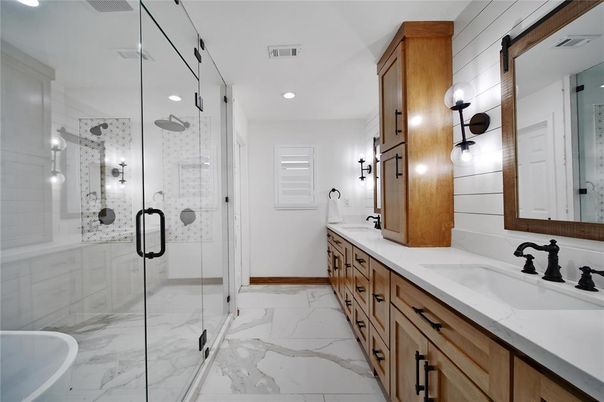 Bathroom, Dual Sink Vanities, Glass Shower, Interior, Marble, Recessed Lighting