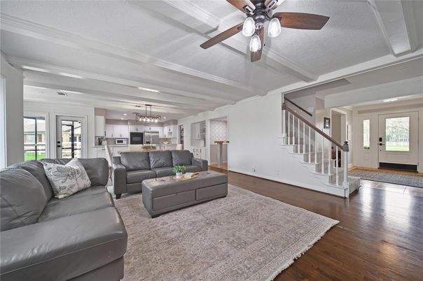 Chandelier, Interior, Kitchen, Living room, Pendant Lights, Stainless Steel Appliances, Wood Texture Flooring