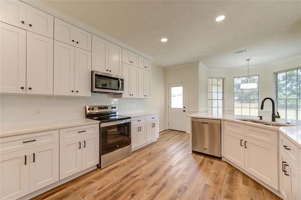 Interior, Kitchen, Pendant Lights, Recessed Lighting, Stainless Steel Appliances, Wood Texture Flooring