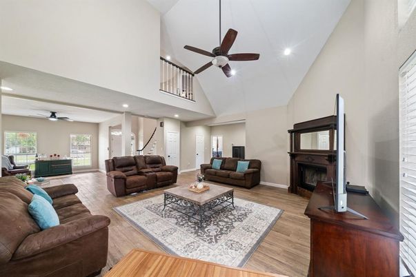 Fireplace, Interior, Living room, Recessed Lighting, Wood Texture Flooring