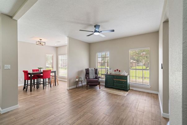 Dining room, Interior, Recessed Lighting, Wood Texture Flooring