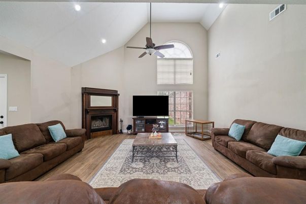 Fireplace, Interior, Living room, Recessed Lighting, Wood Texture Flooring