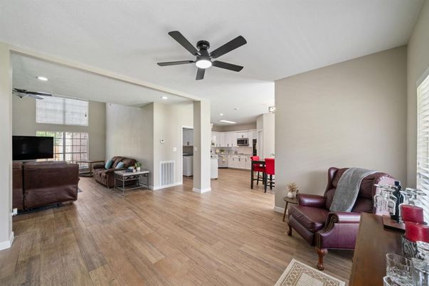 Interior, Kitchen, Living room, Recessed Lighting, Wood Texture Flooring