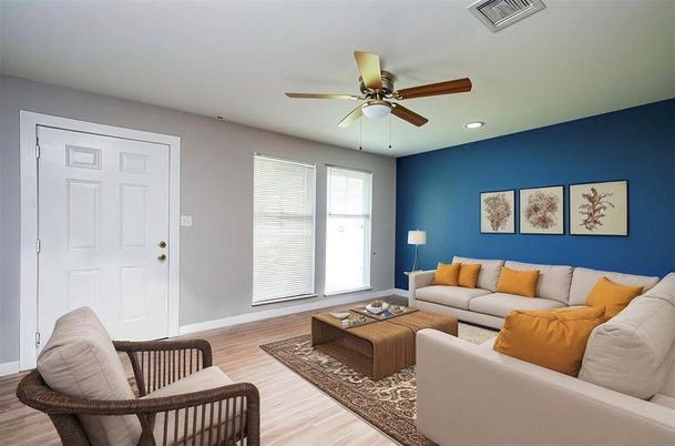 Interior, Living room, Recessed Lighting, Wood Texture Flooring