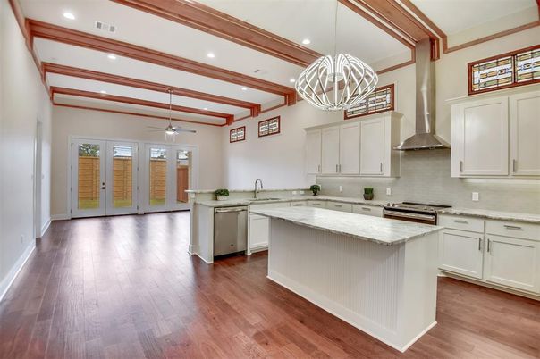 Chandelier, Interior, Kitchen, Pendant Lights, Recessed Lighting, Stainless Steel Appliances, Wooden Beams, Wood Texture Flooring