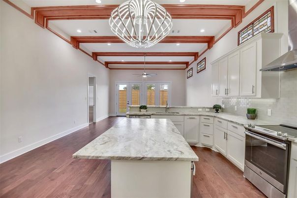 Chandelier, Interior, Kitchen, Pendant Lights, Recessed Lighting, Wooden Beams, Wood Texture Flooring