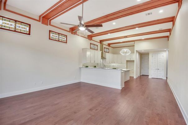 Empty room, Interior, Kitchen, Recessed Lighting, Wood Texture Flooring