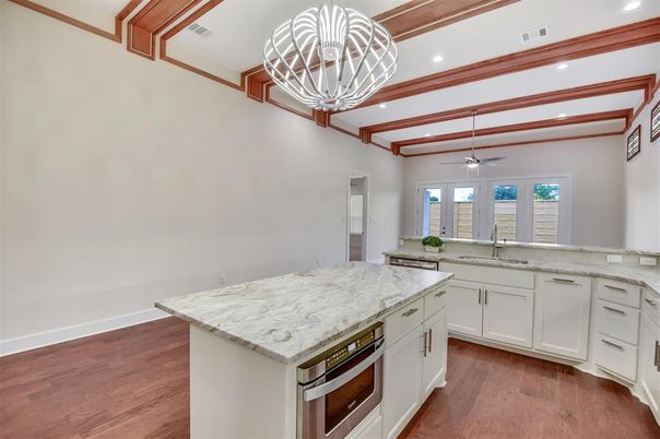 Chandelier, Interior, Kitchen, Recessed Lighting, Wood Texture Flooring