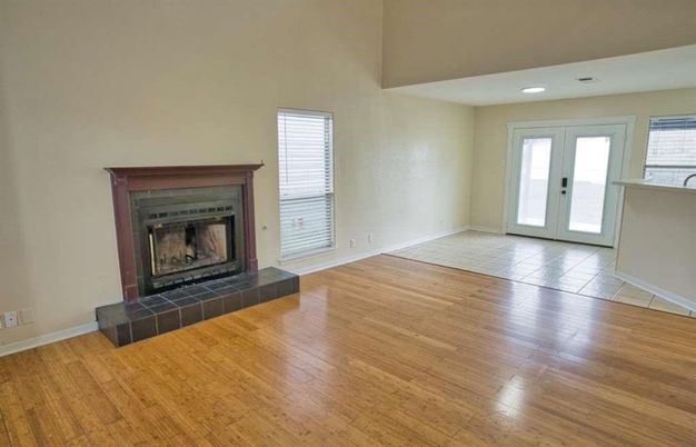 Empty room, Fireplace, Interior, Recessed Lighting, Wood Texture Flooring