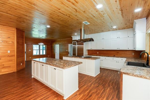 Interior, Kitchen, Pendant Lights, Recessed Lighting, Stainless Steel Appliances, Wooden Ceilings, Wood Texture Flooring