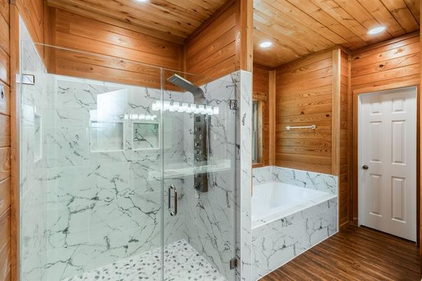 Bathroom, Glass Shower, Interior, Marble Walls, Recessed Lighting, Wooden Ceilings, Wood Texture Flooring, Wooden Walls