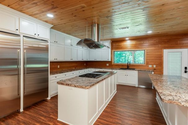 Interior, Kitchen, Pendant Lights, Recessed Lighting, Stainless Steel Appliances, Wooden Ceilings, Wood Texture Flooring