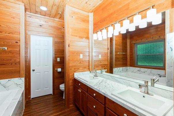 Bathroom, Dual Sink Vanities, Interior, Wooden Ceilings, Wood Texture Flooring, Wooden Walls