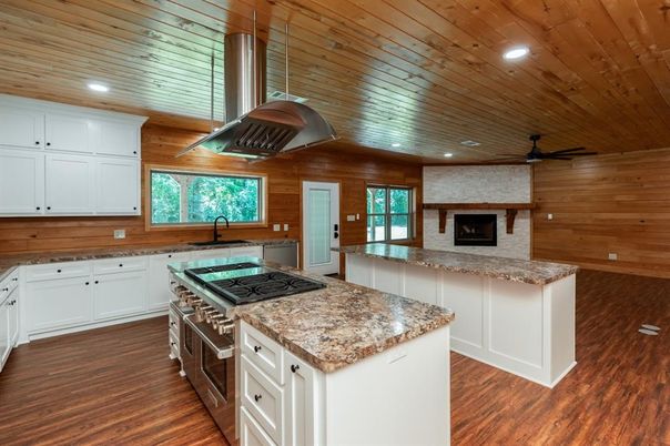 Fireplace, Interior, Kitchen, Recessed Lighting, Stone Walls, Wooden Ceilings, Wood Texture Flooring, Wooden Walls