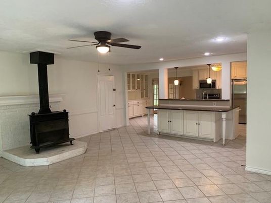 Fireplace, Interior, Kitchen, Pendant Lights, Recessed Lighting, Stainless Steel Appliances