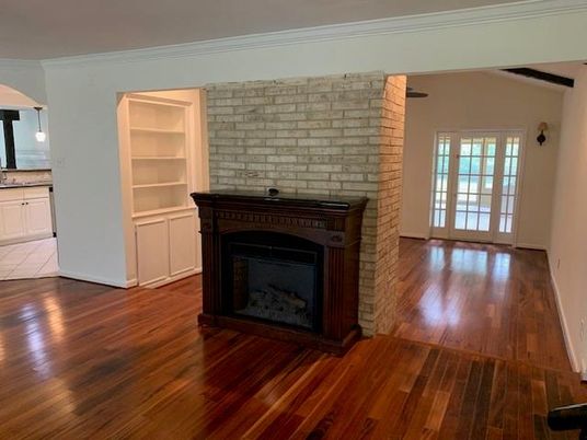 Empty room, Fireplace, Interior, Stone Walls, Wood Texture Flooring
