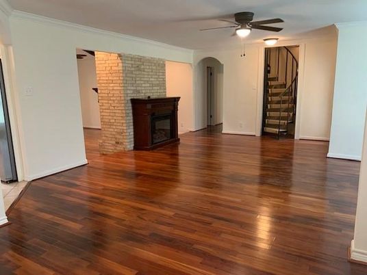 Empty room, Fireplace, Interior, Stone Walls, Wood Texture Flooring