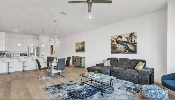 Chandelier, Dining room, Interior, Kitchen, Living room, Pendant Lights, Recessed Lighting, Wood Texture Flooring
