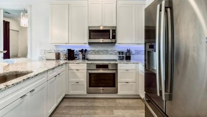 Interior, Kitchen, Pendant Lights, Stainless Steel Appliances, Wood Texture Flooring