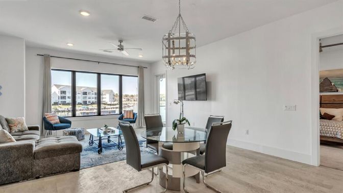 Bedroom, Chandelier, Dining room, Interior, Living room, Recessed Lighting, Wood Texture Flooring