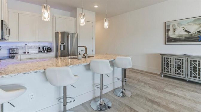 Interior, Kitchen, Pendant Lights, Recessed Lighting, Stainless Steel Appliances, Wood Texture Flooring