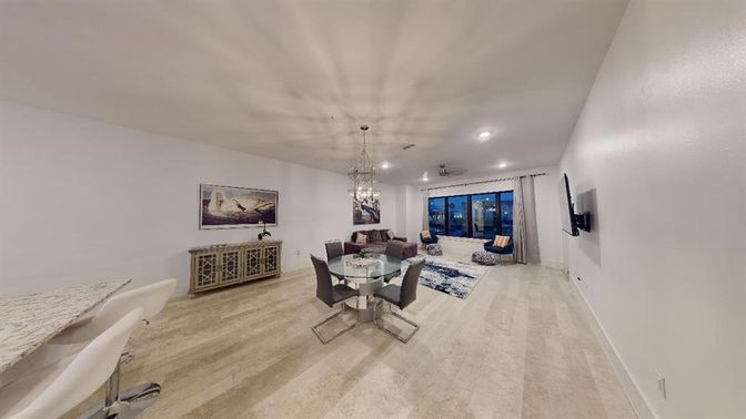 Dining room, Interior, Living room, Pendant Lights, Recessed Lighting, Wood Texture Flooring