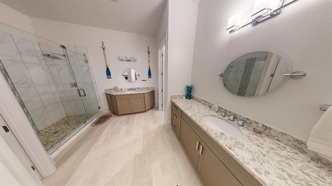 Bathroom, Dual Sink Vanities, Glass Shower, Interior, Wood Texture Flooring