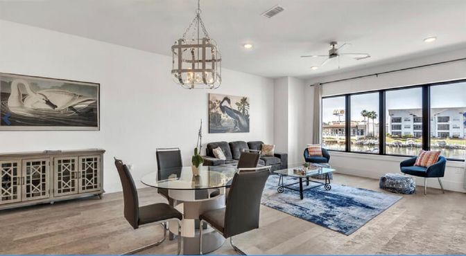 Dining room, Interior, Living room, Pendant Lights, Recessed Lighting, Wood Texture Flooring