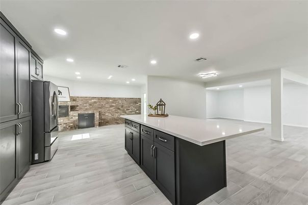 Interior, Kitchen, Recessed Lighting, Stone Walls, Wood Texture Flooring