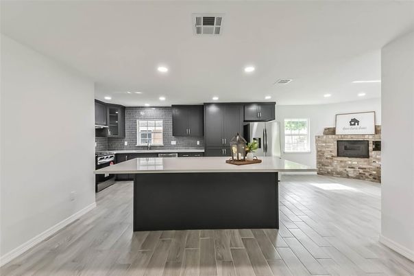 Interior, Kitchen, Recessed Lighting, Stone Walls, Wood Texture Flooring