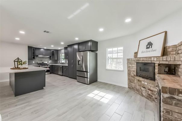 Interior, Kitchen, Recessed Lighting, Stainless Steel Appliances, Wood Texture Flooring
