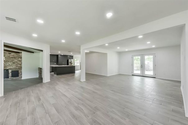 Empty room, Interior, Kitchen, Recessed Lighting, Stone Walls, Wood Texture Flooring