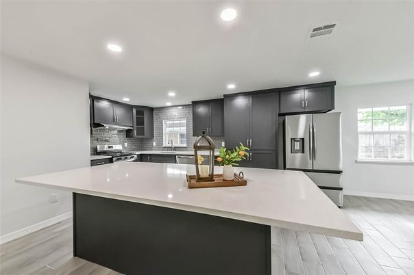 Interior, Kitchen, Recessed Lighting, Stainless Steel Appliances, Wood Texture Flooring