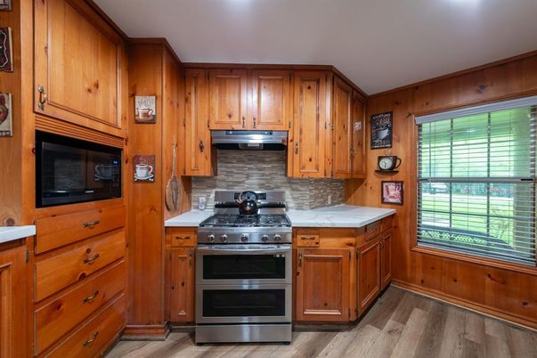 Interior, Kitchen, Stainless Steel Appliances, Wood Texture Flooring, Wooden Walls