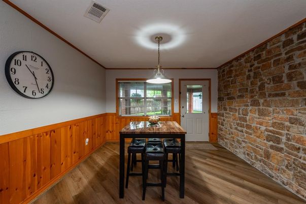 Interior, Pendant Lights, Stone Walls, Wood Texture Flooring