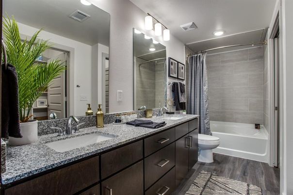 Bathroom, Dual Sink Vanities, Interior, Recessed Lighting, Wood Texture Flooring