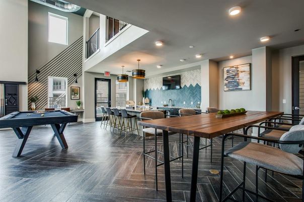 Billiard Table, Dining room, Game Room, Interior, Pendant Lights, Recessed Lighting, Wood Texture Flooring