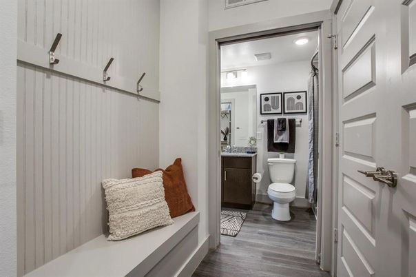 Bathroom, Interior, Recessed Lighting, Wood Texture Flooring
