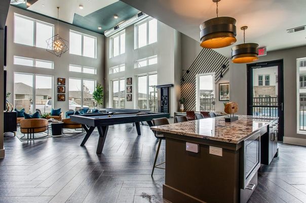 Billiard Table, Game Room, Interior, Pendant Lights, Recessed Lighting, Wood Texture Flooring