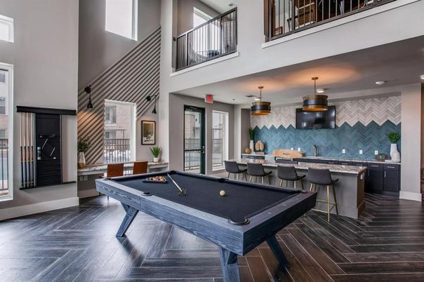 Billiard Table, Game Room, Interior, Pendant Lights, Recessed Lighting, Wood Texture Flooring