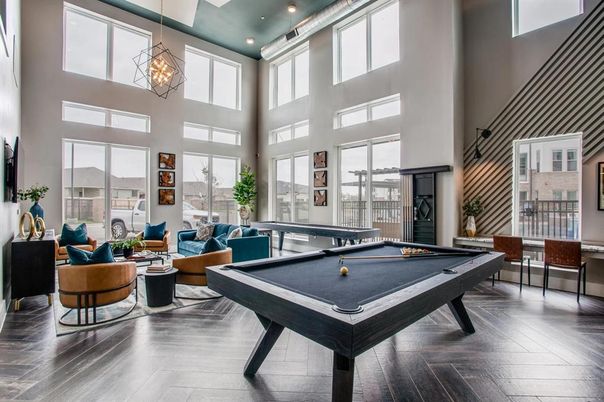 Billiard Table, Game Room, Interior, Living room, Pendant Lights, Recessed Lighting, Wood Texture Flooring