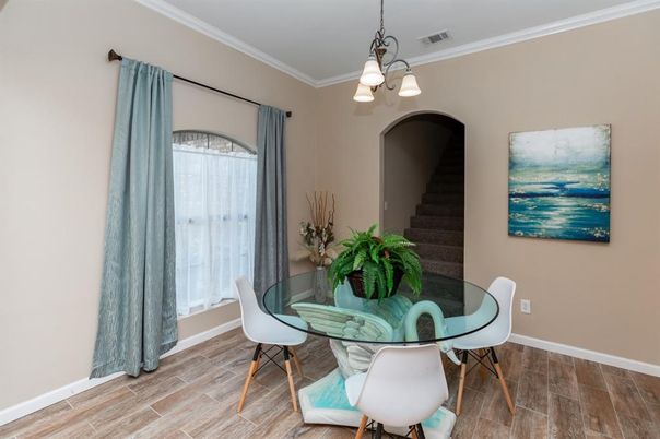 Chandelier, Dining room, Interior, Wood Texture Flooring